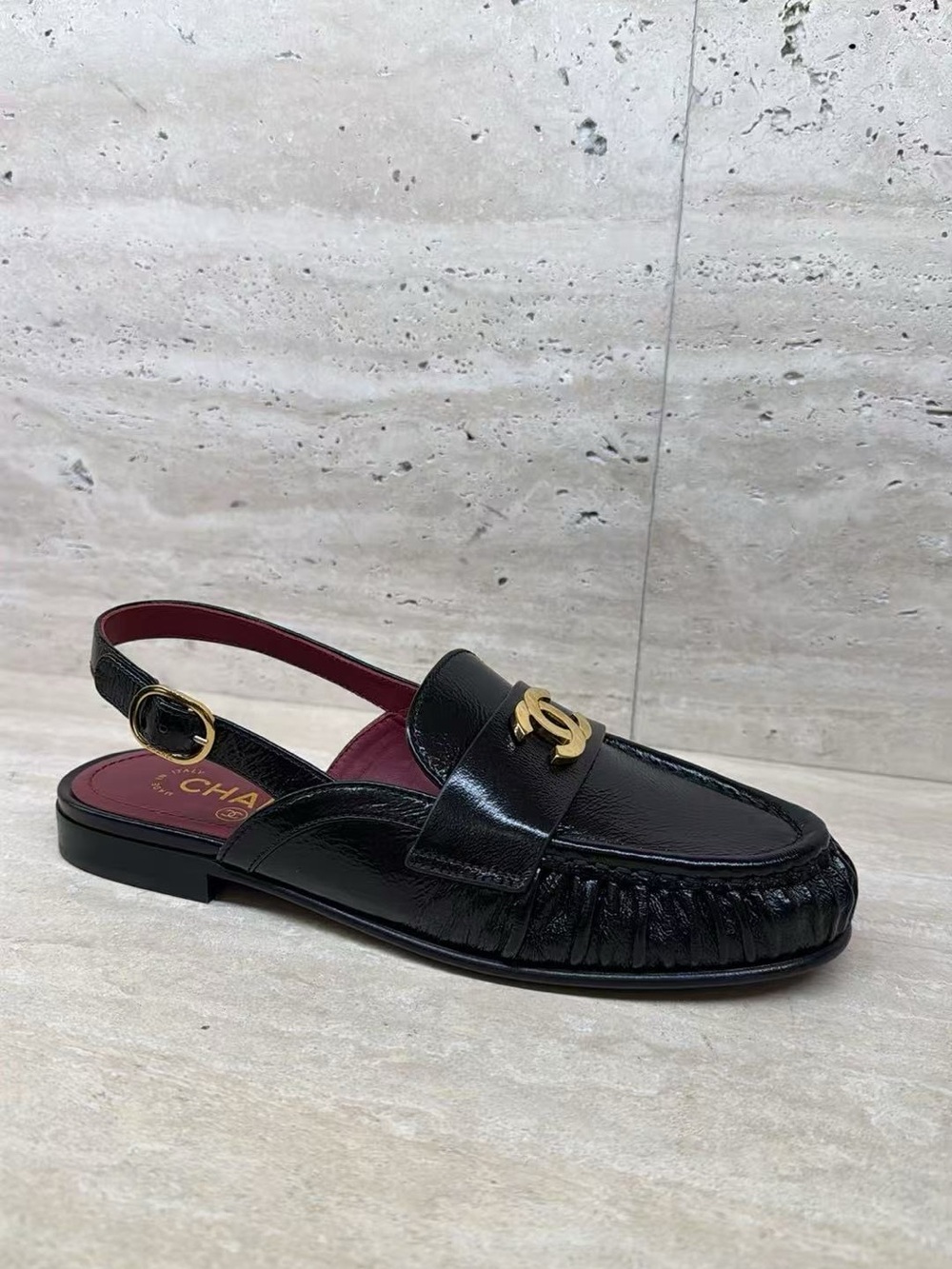 CHANEL Black Leather Slingback Loafer with Gold CC Hardware